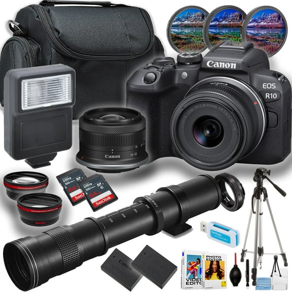 Canon EOS R10 Mirrorless Camera with 18-45mm and 420-800mm Lens   2X Sandisk Ultra Memory Card   Tripod   More (21pc Bundle)