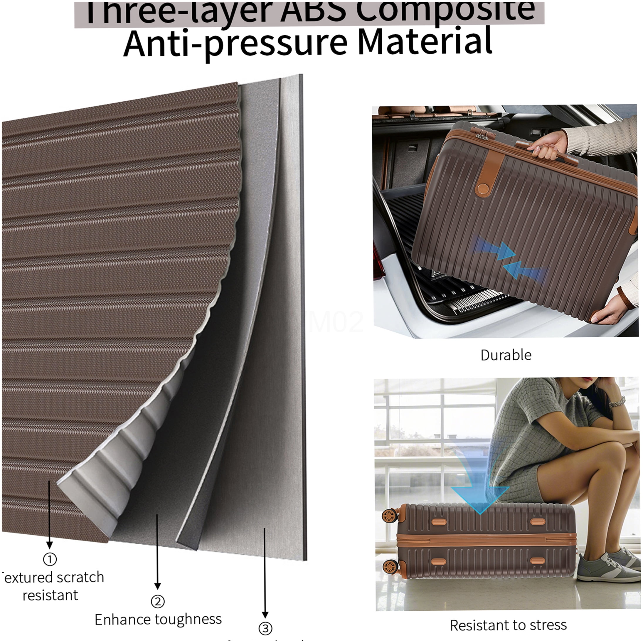 Brown ABS Hardshell Luggage Set with TSA Lock, 360° Spinner Wheels, Lightweight Suitcase for Travel