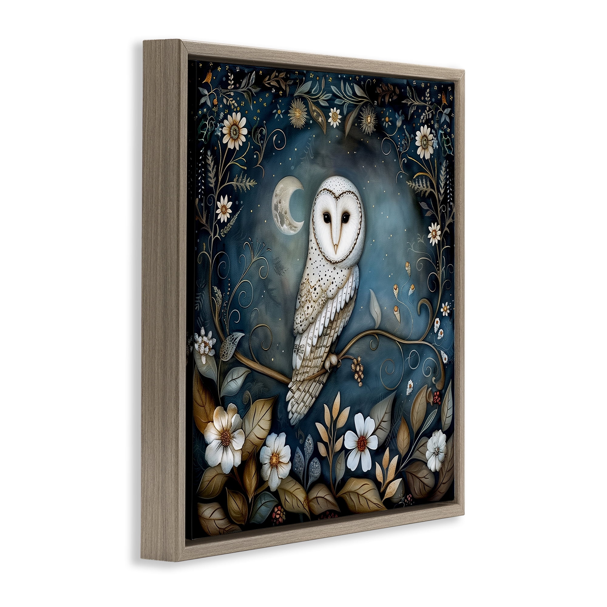 Stupell Industries White Owl Forest Scene Animals Painting Brown Floater Framed Canvas Art Print Wall Art, 18 x 18