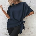 thumbnail image 2 of YYDGH Women's Batwing Sleeve Tie Knot Side Tops Round Neck Solid Color Blouse Shirt Navy Blue L, 2 of 6