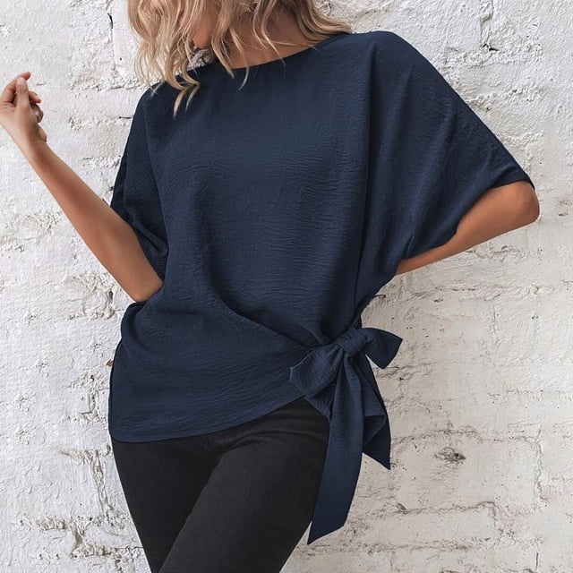 Sentmoon Blouse Ample pour Femmes à Col Rond, Manches Courtes, Hauts Respirants Noués, Basique, Grande Taille, Hauts d'Été pour Femmes 2025 jusqu'à 40 % de Rabais