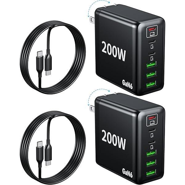 Chenchen 2 Pack USB C Charger Block 200W,6 Port Foldable Fast Charger Type C Charger iPhone 17 16 Fast Charging PD 3.1 Charging Station for All iPhone/Samsung Galaxy S25/S24/MacBook Pro/iPad