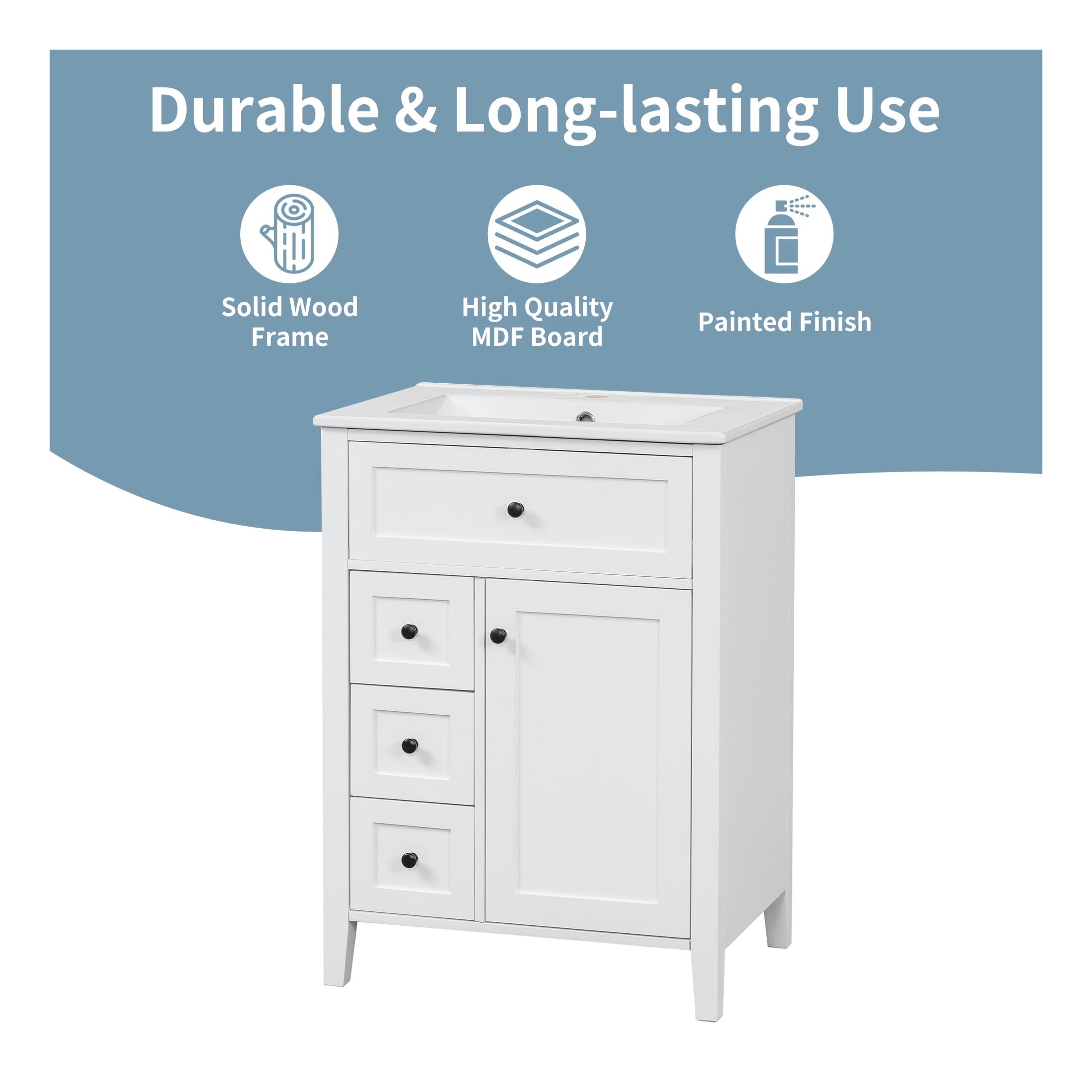 GDF Studio 24" Bathroom Vanity with Sink, 3 Drawers, Storage Cabinet, Adjustable Shelves, Modern Design, White