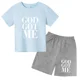 thumbnail image 3 of Conjunto de 2 piezas de camiseta y pantalones cortos con estampado de letras para niños y adolescentes de verano de 4 a 14 años, ropa informal de manga corta para niños y niñas, 3 of 5
