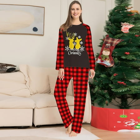

Tfalo Christmas Pajamas For Family Parent-Child Attire Christmas Suits Patchwork Plaid Printed Homewear Round Neck Long Sleeve Pajamas Two-Piece Mom Sets