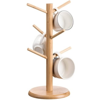 Coffee Mug Set of 6 Ceramic Coffee Cups 16 oz.Elegant White with Stand - Mug  Holder Tree - Wood Organizer Rack with 6 Hook Hangers - Walmart.com