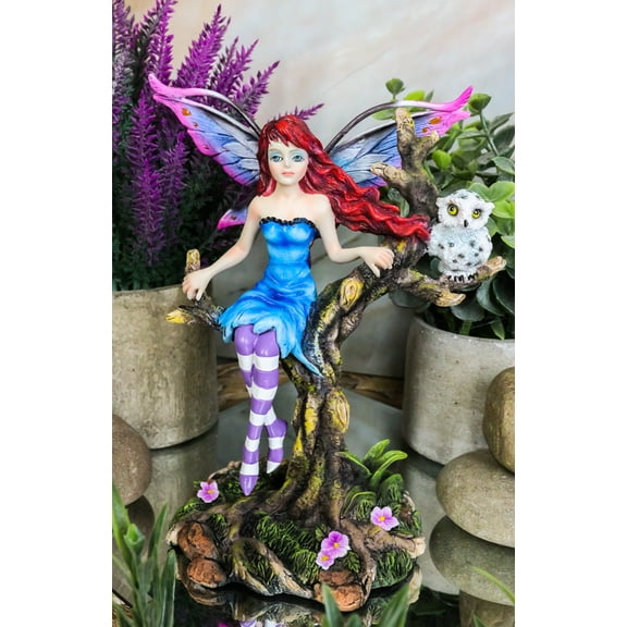Blue Avatar Butterfly Fairy With Snow Owl Sitting On Magic Forest Tree Figurine