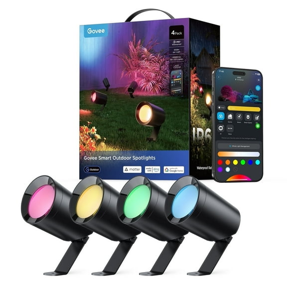 Govee Smart Outdoor Spotlight, IP67 Waterproof Spotlights, Landscape Lights Work with Matter, Alexa, and Google Assistant, RGBWIC Color Changing Light for Outdoor Decor, Corded Electric, 4 Pack