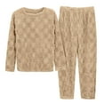 thumbnail image 1 of Conjunto de pijama de dos piezas de franela jacquard de color liso para mujer: top de cuello redondo y pantalones, ropa de estar por casa cálida para el invierno, talla única, 1 of 7