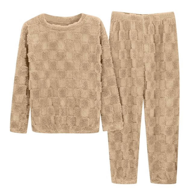 Conjunto de pijama de dos piezas de franela jacquard de color liso para mujer: top de cuello redondo y pantalones, ropa de estar por casa cálida para el invierno, talla única
