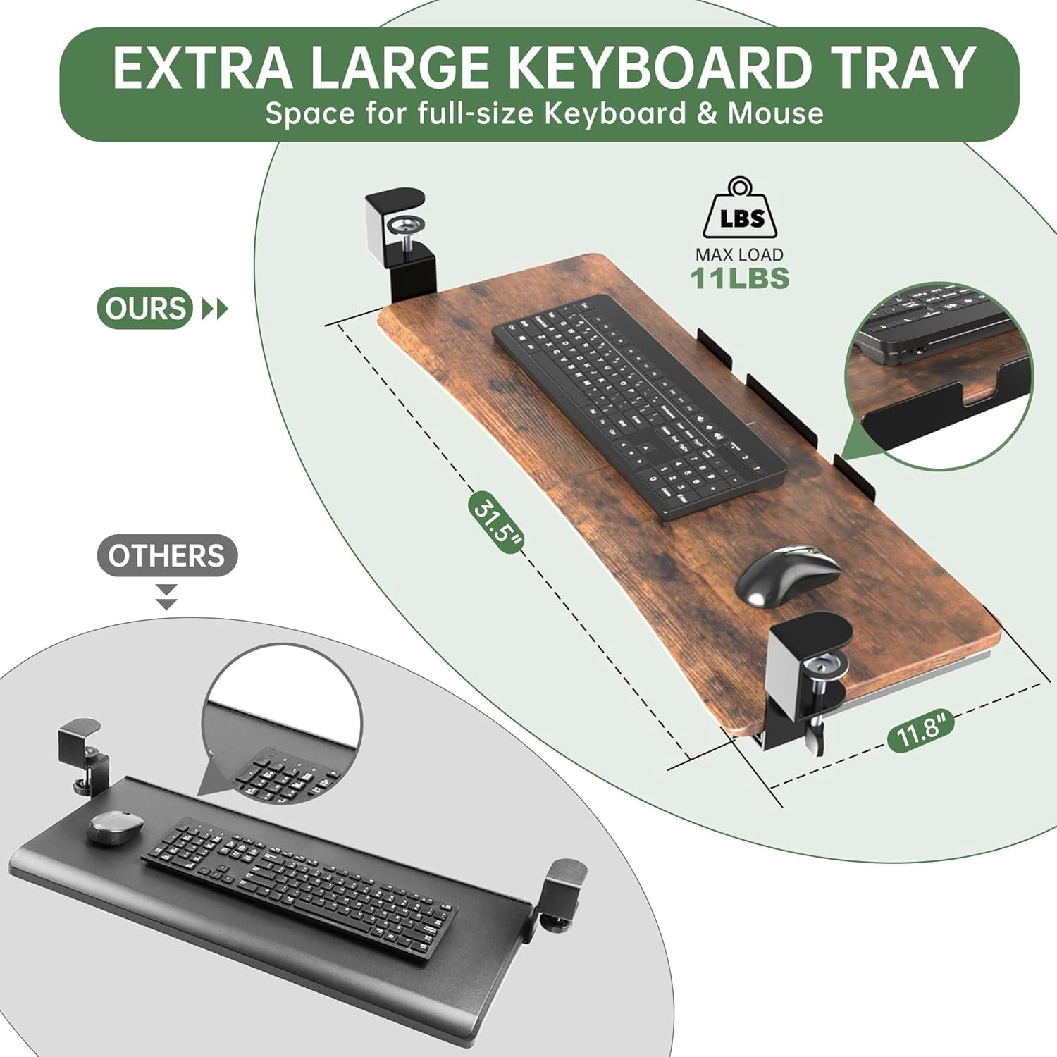 Extra Large Keyboard Tray Under Desk - Slide Out with Sturdy C-Clip Mount System, 31.5" (35.8" Including Clamps) x 11.8" Put-Out Keyboard Tray Computer Drawer for Ergonomic Typing