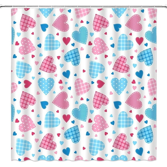 Valentine''s Day Shower Curtain Blue Pink Heart Modern Geometric Plaid Romantic Sweet Love Couple Lover Rustic 36x70(WxH) Inch Bathroom Decor Fabric Curtain with Hooks