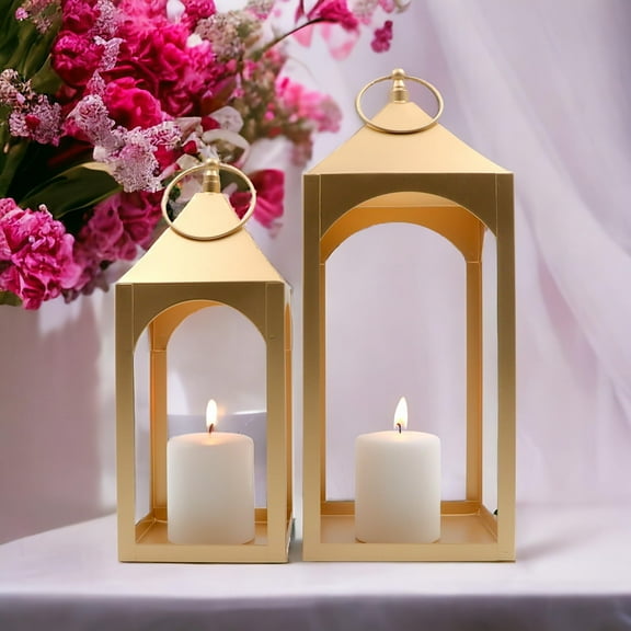 Hosley Set of 2 Gold Metal Lanterns, Large Modern Classic Style, Ideal for Home Decor, Weddings, Parties, Spa, and Gifts