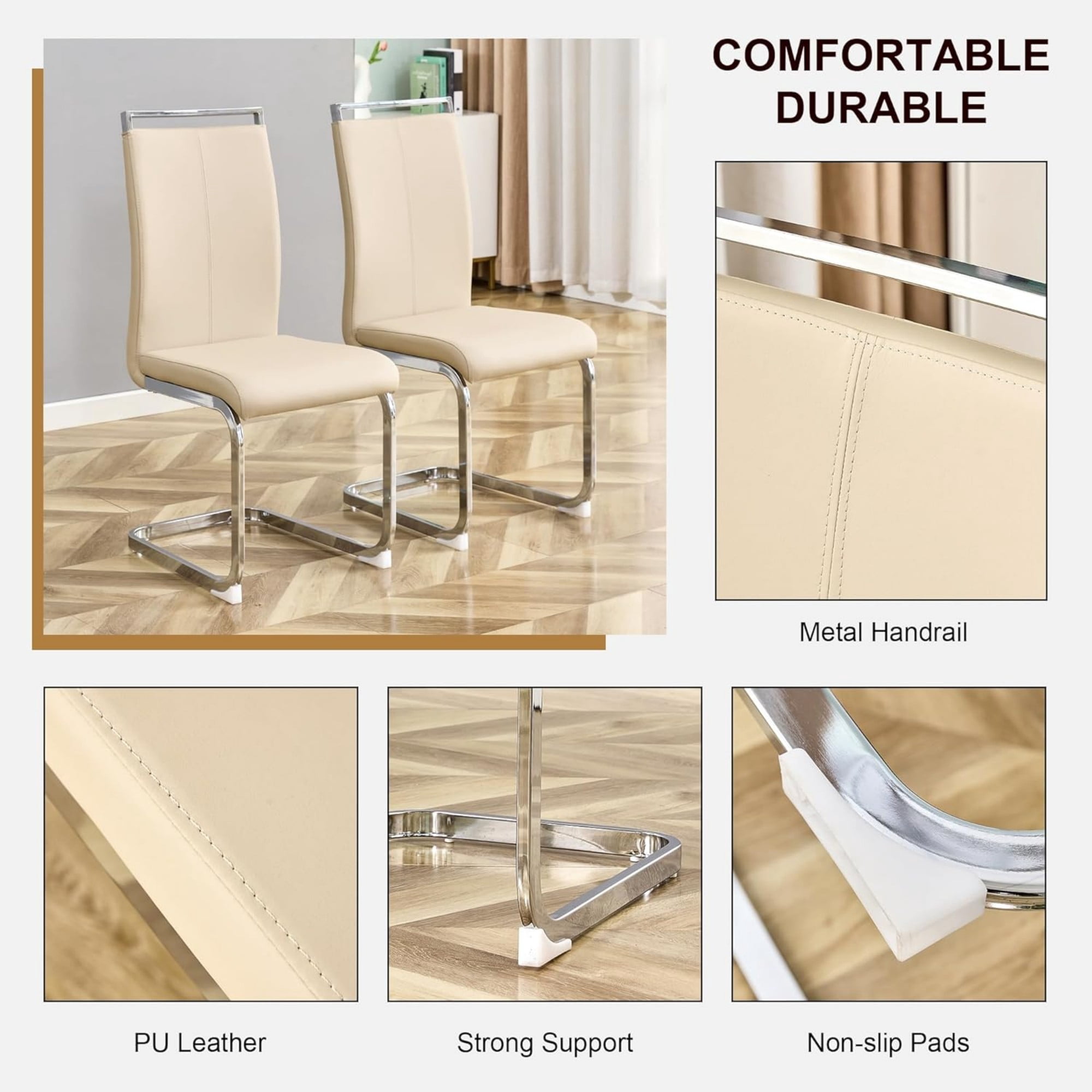 SUDICA Dining Chairs Set of 2, Modern Beige PU Leather High Back Side Chairs with Chrome Metal Legs for Dining Room