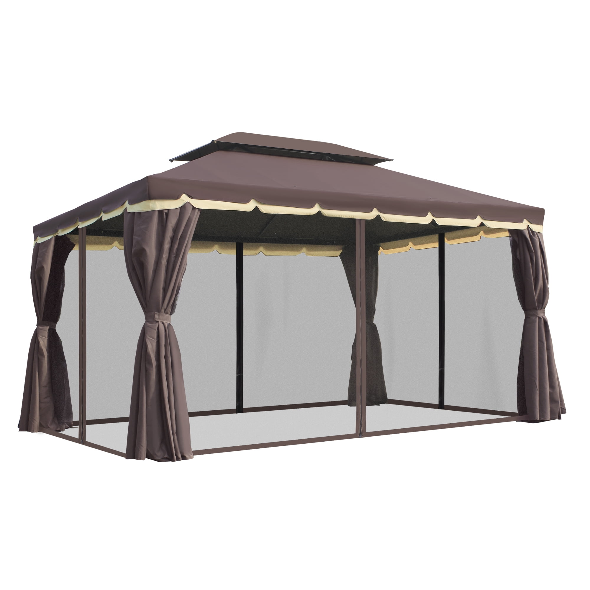 Outsunny 10 x 13 Patio Gazebo Aluminum Frame Double Roof Outdoor Gazebo Canopy Shelter with Netting Curtains for Garden Lawn Backyard and Deck Coffee Walmart