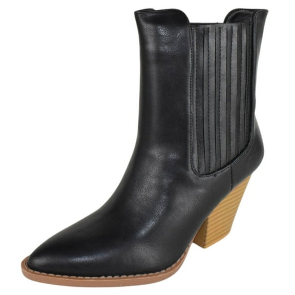 Forever Women Ankle Western Boots Stacked Block Heels elastic Opening Cowboy Booties Pointed Toe RIVER-24 Black 5.5