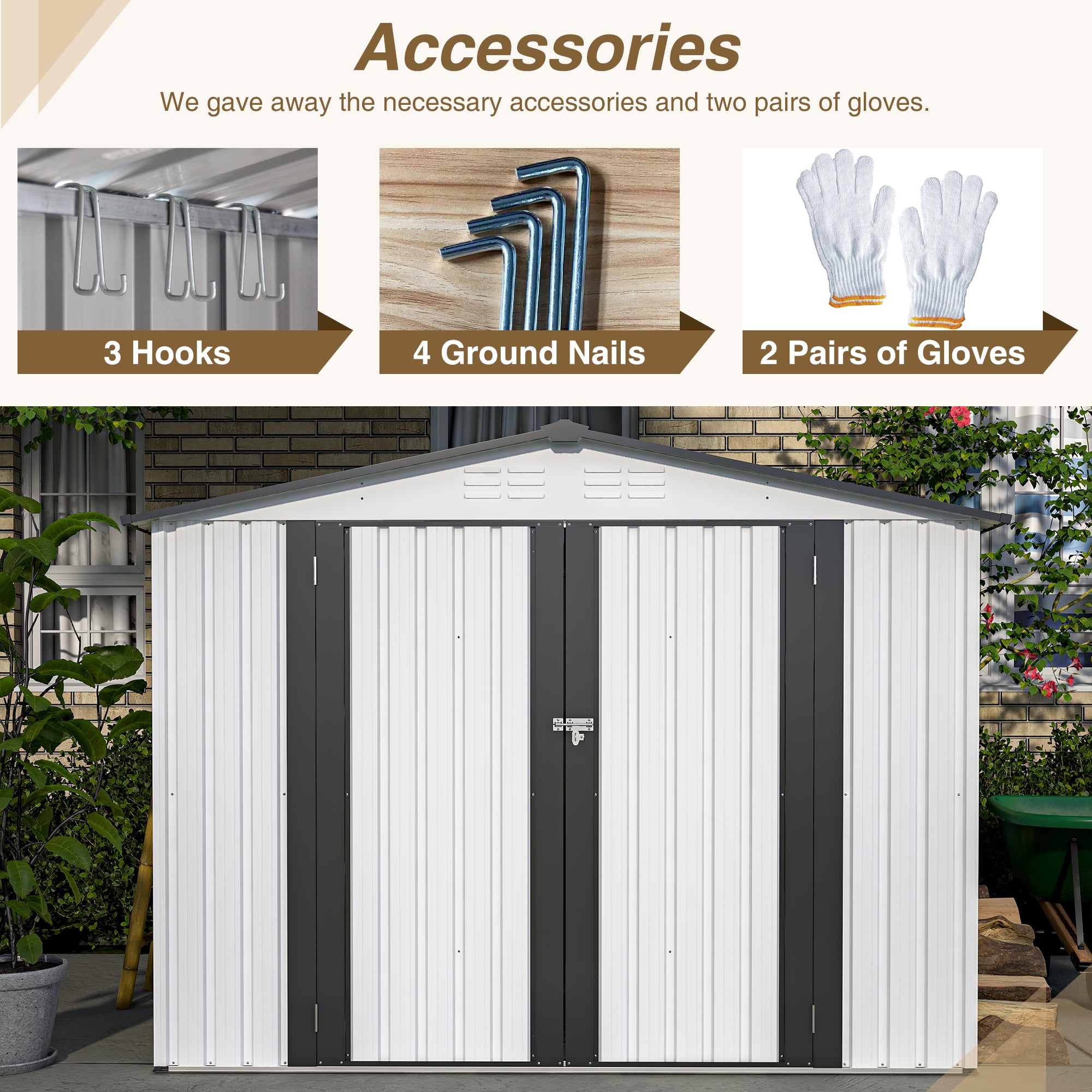 Aukfa Outdoor Storage Shed,8 x 6 ft Metal Sheds w/ Lockable Doors for Garden, Backyard,White