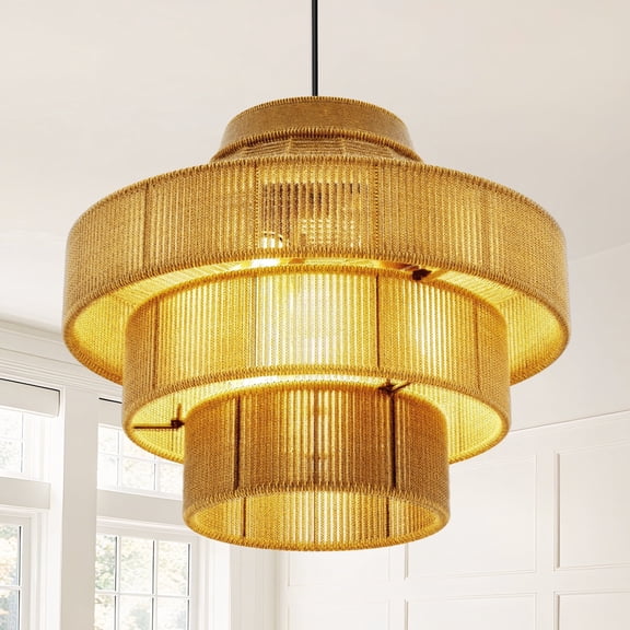 GCGAFUL Boho Hemp Rope Woven Chandelier, 3-Light Farmhouse Handwoven Hanging Ceiling Light, 16-Inch 3-Tier Lantern for Living Room, Kitchen, Bedroom