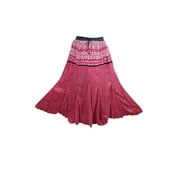Mogul Women's Crinkled Long Skirt Elastic Waist Pink Printed Boho Chic Summer Skirts