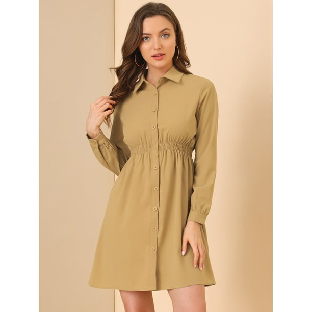 Allegra K Women s Smocked Waist A Line Button Down Flowy Shirt Dress