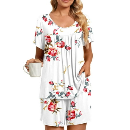 

Capreze Ladies Lounge Sets Tops And Shorts Nightwear V Neck Sleepwear Casual Pajamas Elastic Waist Pjs White M