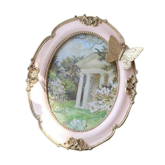 Marco de fotos vintage ovalado de resina con diseño de flores y mariposas para escritorio Rosa