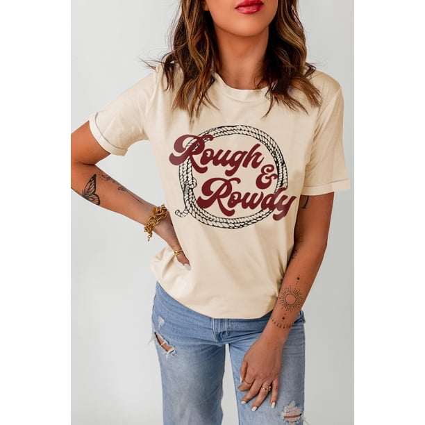 ABPHQTO Camiseta caqui de manga corta con estampado de cuerda Rough & Rowdy para mujer