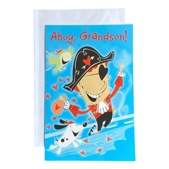 Valentine's Day Greeting Card for Young Grandson - Ahoy, Grandson!; Pirate, Bird, Dog, Hearts