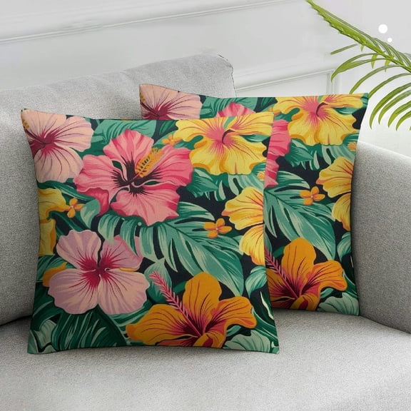 JRXY Vintage Hibiscus Flowers Colorful Hawaiian Tropical Pillows Cover Hawaiian Pink Red Floral Decorative Cushion Cover Pillowcase Zipper Pillowcase Decorative Pillows for Bed Decor 2pcs White