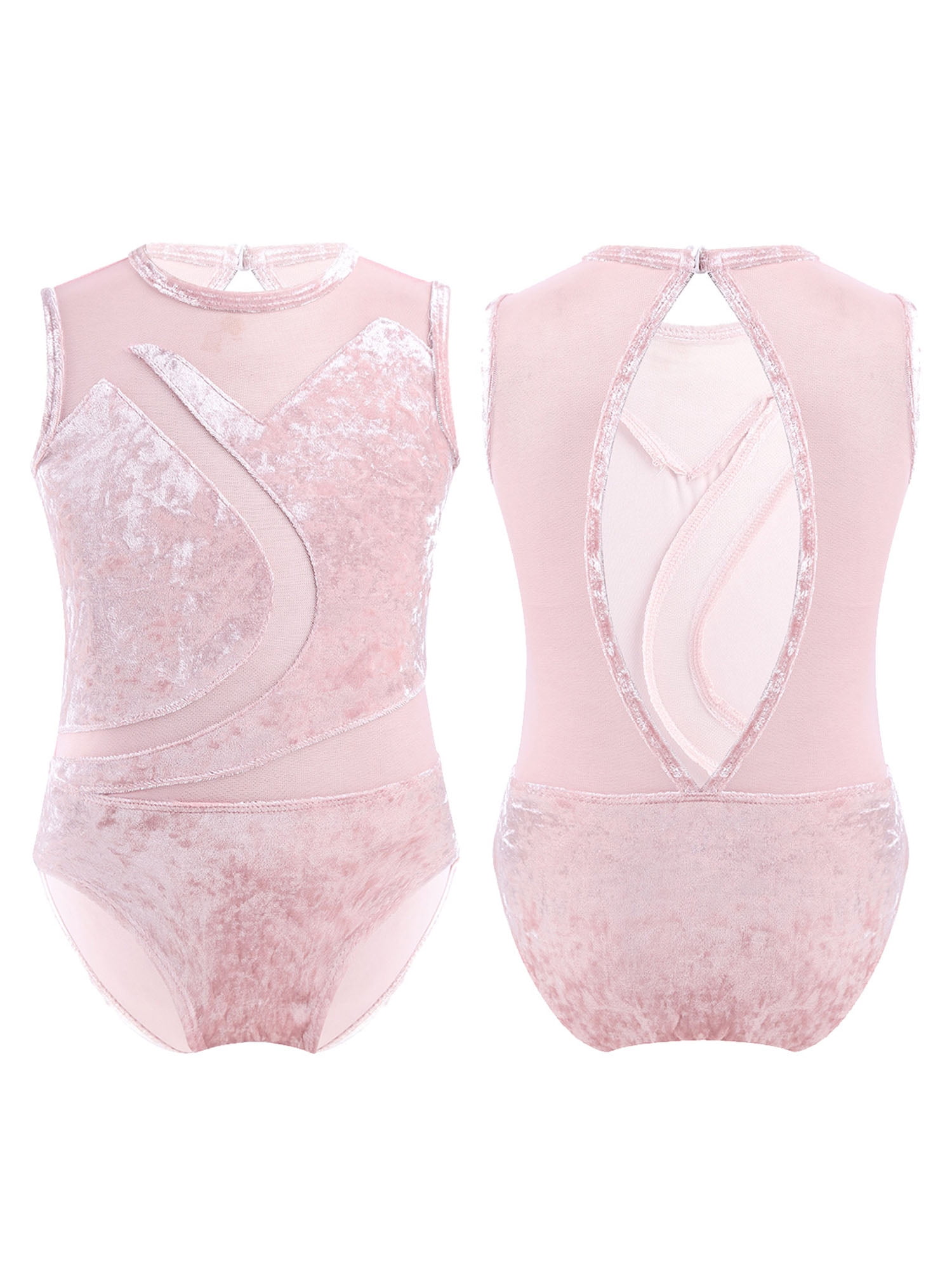 Iefiel Girls Pleuche Mesh Splice Ballet Dance Gymnastics Leotard Jumpsuit