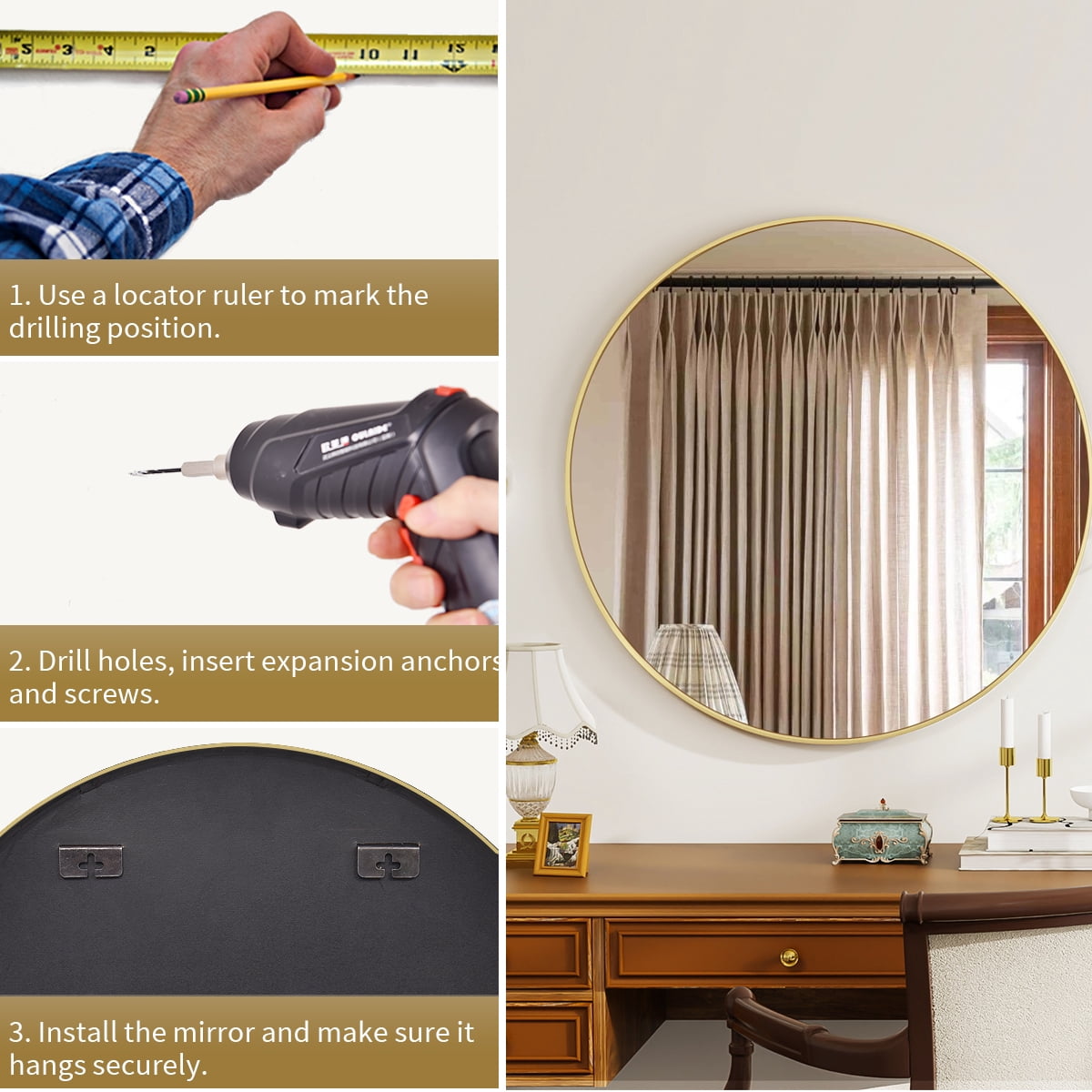 Easy4Home 30 Inch Round Wall Mirror Aluminum Alloy Framed Circle Bathroom Mirror Wall Mounted, Gold