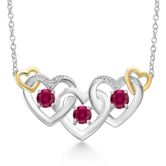 Gem Stone King 925 Silver and 10K Yellow Gold Red Created Ruby and White Lab Grown Diamond Heart Shape Pendant Necklace for Women (0.81 Cttw, with 18 inch Chain)