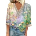 thumbnail image 1 of Birdeem Blouses pour Femmes T-Shirt d'Été Imprimé à Enfiler Col en V Dentelle Manches 3/4, 1 of 12
