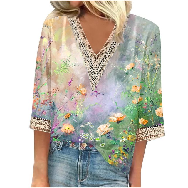 Birdeem Blouses pour Femmes T-Shirt d'Été Imprimé à Enfiler Col en V Dentelle Manches 3/4