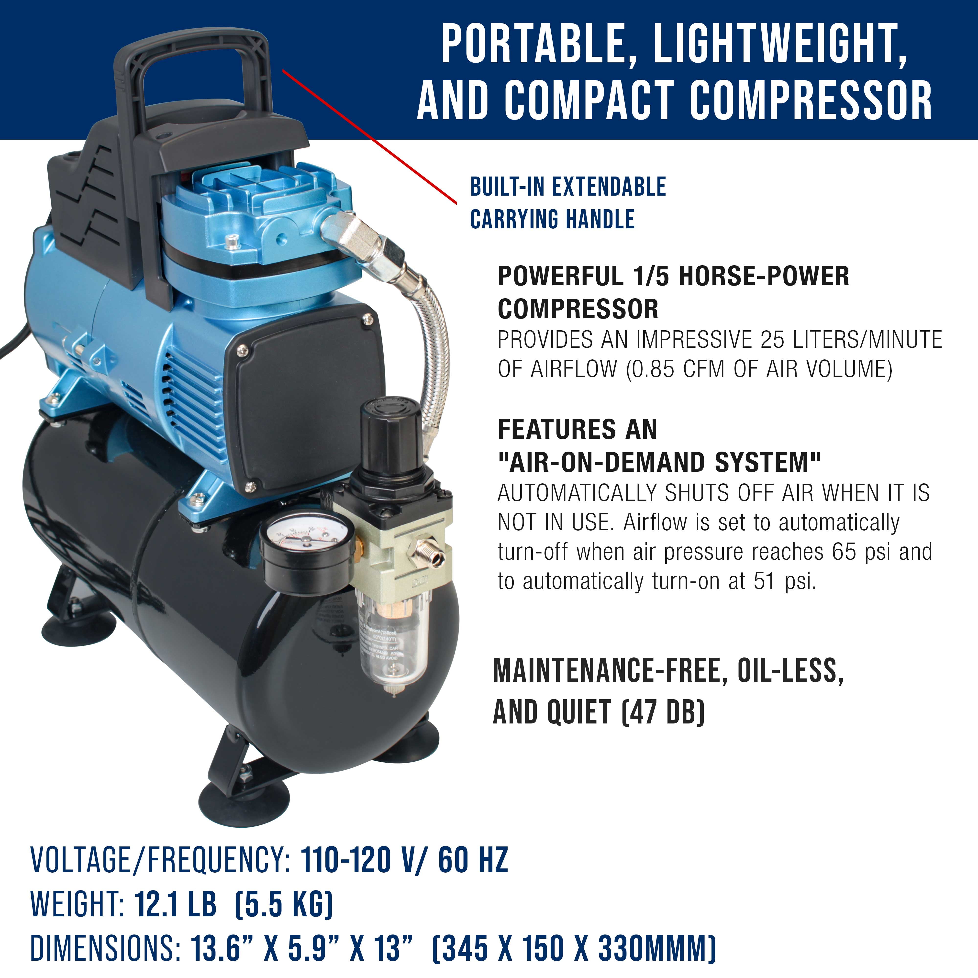 Master Airbrush 1/5 HP Super Cool Runner Dual Fan Tank Air Compressor Kit Model TC-426 - Professional Single-Piston with 2 Cooling Fans, Runs Longer without Overheating - Regulator Water Trap, Holder