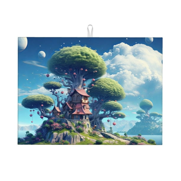 Fotbe Fantasy Treehouse Planet Scene Alfombrilla de Secado para Cocina con Estampado, 18x24 Pulgadas