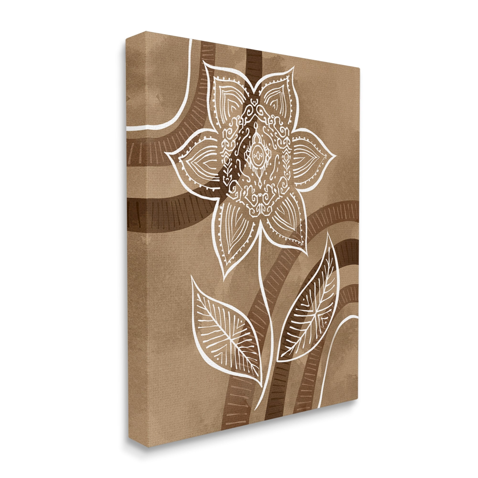 White Fractal Mandala Flower Blossom Brown Stripes Botanical & Floral Graphic Art Gallery-Wrapped Canvas Print Wall Art