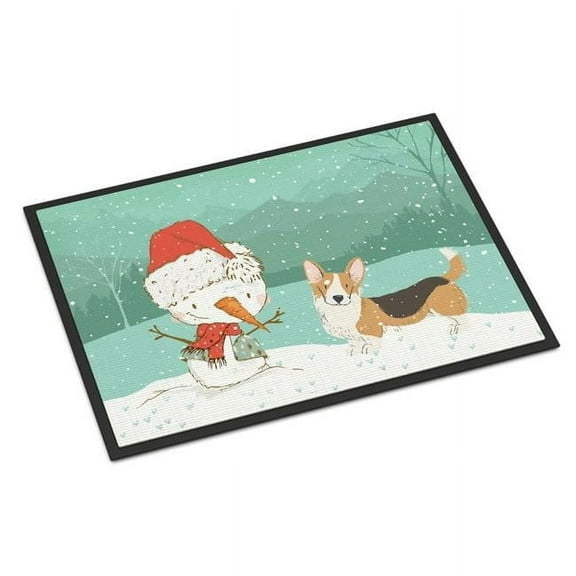 24 x 36 in. Tricolor Cardigan Corgi Snowman Christmas Indoor or Outdoor Mat