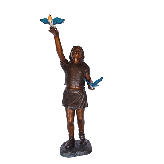 Nifao Girl, sandy, with two Blue birds Bronze Statue – Home Office Decor Sculpture, 25"L x 23"W x 41"H