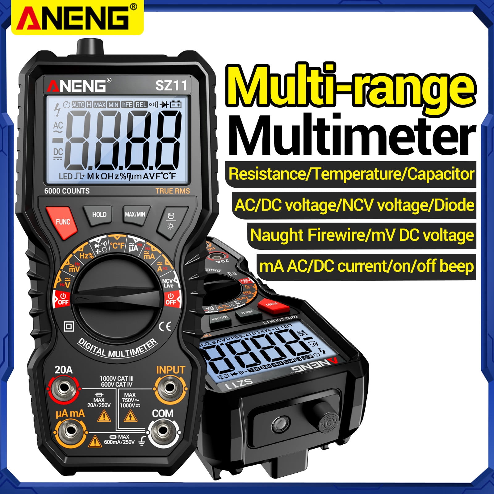 ANENG Digital Multimeter SZ11 True RMS 6000 Counts Multi-Range NCV Magnetic 1-Pack