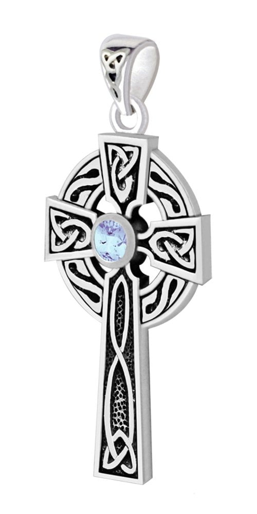 US Jewels And Gems Small 0.925 Sterling Silver Irish Celtic Knot Cross Simulated Alexandrite Pendant Necklace