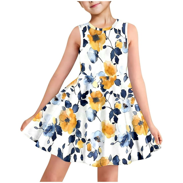 LOVZFMLL Robe d'Été à Manches Courtes pour Filles avec Poches à Volants Col Rond Imprimé Robe Débardeur Douce