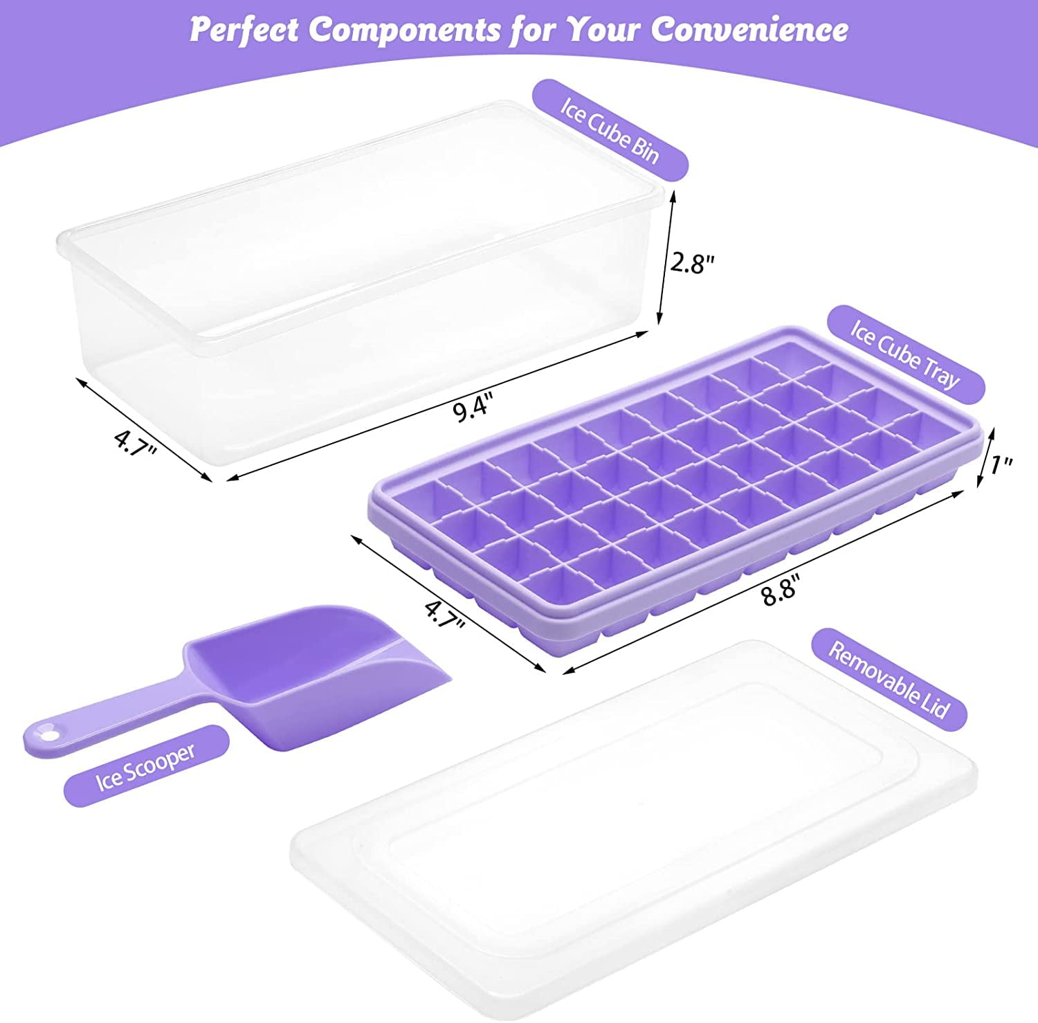 Silicone Ice Cube Tray with Leak-Proof Lid & Storage Bin for Freezer – BPA-Free 36-Piece Nugget Ice Molds, Spill-Resistant Cover & Ice Scoop Container Cover Violet