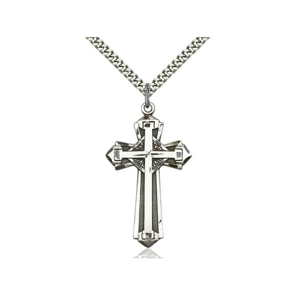 Sterling Silver Cross Pendant 1 5/8 x 7/8 inches with Heavy Curb Chain