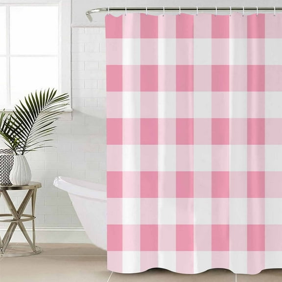 Pink White Plaid, Bathroom Curtain 72 Inch Shower Curtain with Hooks, Contemporary Simple Buffalo Plaid Check Waterproof Polyester Bath Curtain Washable Bathtub Curtain 48''x 72''