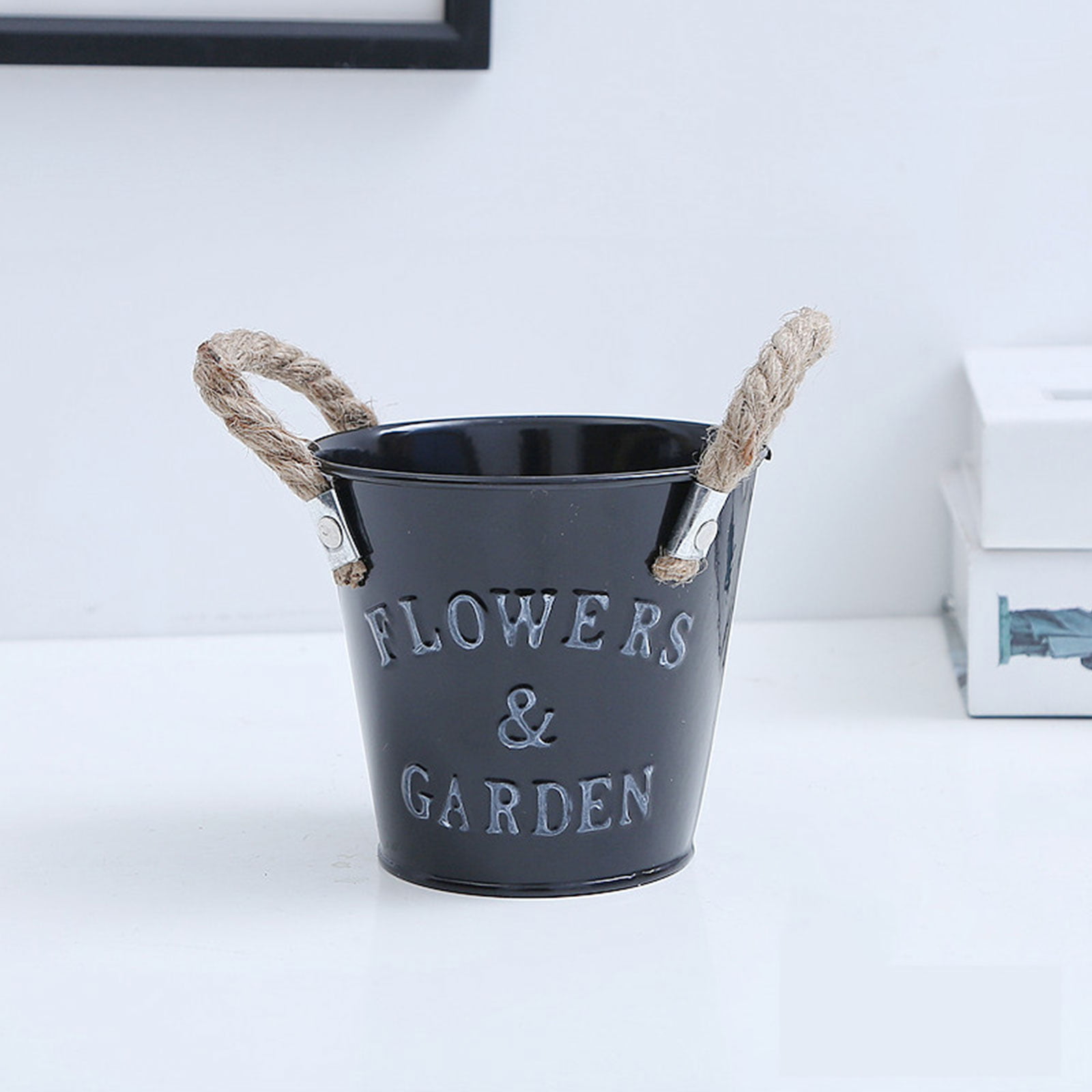 RUSTIC METAL PINK & BLUE TROUGH PLANTERS WITH ROPE HANDLES "FLOWERS & GARDEN" 