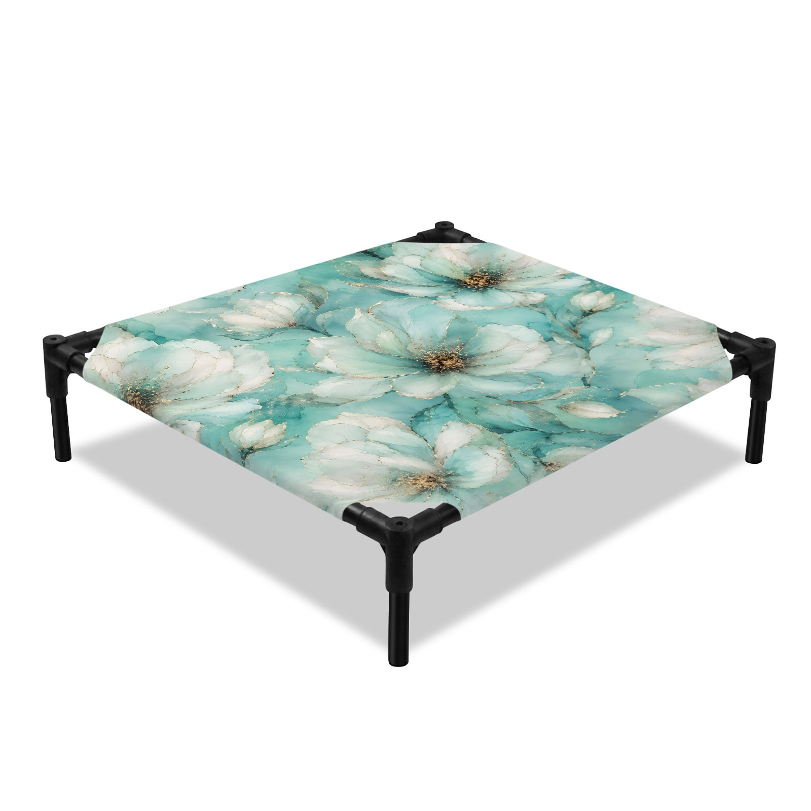 Mint Peony Elevated Dog Bed Rustic Floral Watercolor Flower Golden Line Botanical Cooling Breathable Outdoor Raised Dog Cot Bed with Metal Frame Non-Slip Feet for Small Dog 20x20in