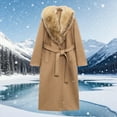 thumbnail image 2 of SAFUNY Women’s faux fur collared long belted coat thick warm elegant for travel formal events cold winter weather Khaki L, 2 of 2