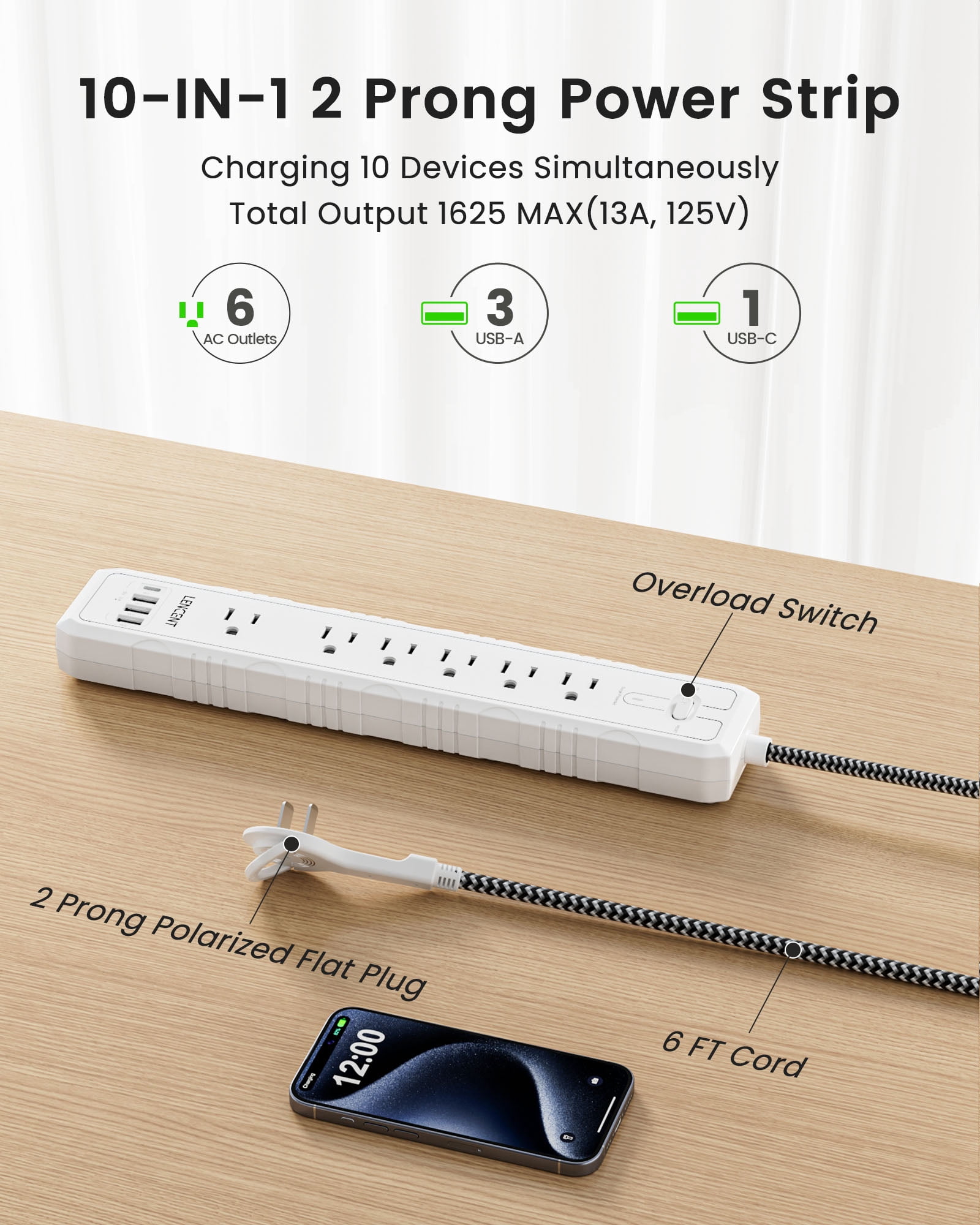 LENCENT 2 Prong Power Strip 6ft, 6AC+4USB(1Type-C), Surge Protector, 2-to-3 Prong Polarized Flat Plug for Indoor