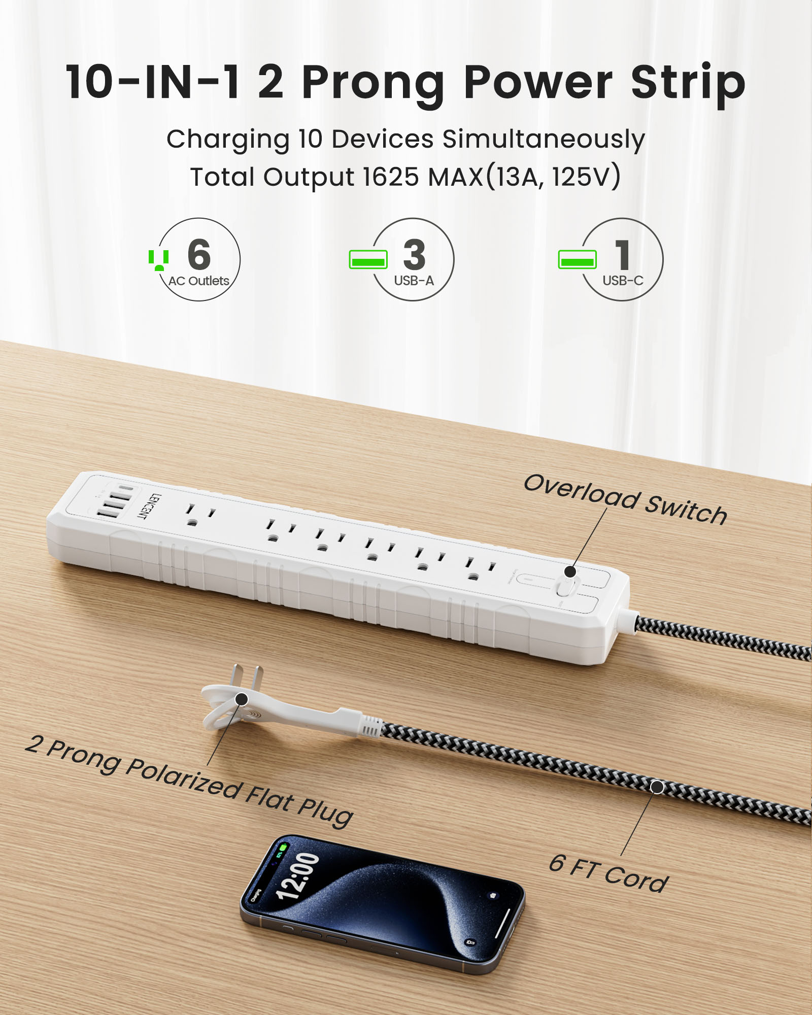 LENCENT 2-to-3 Prong Power Strip 6 Outlets 4 USB photo 7